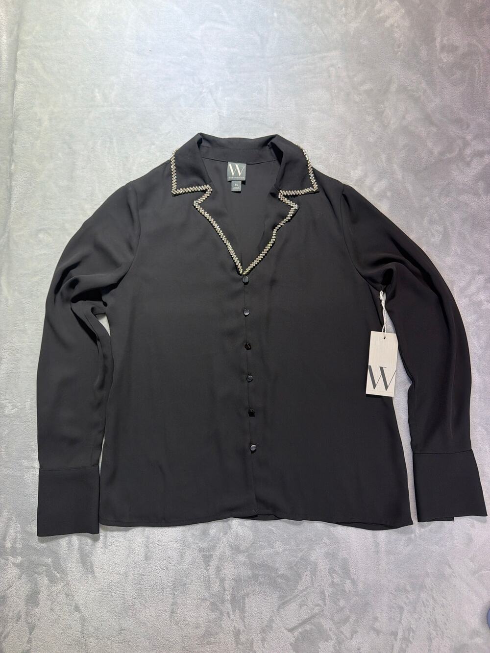 NWT Worthington Black Rhinestone Collar Button Up Blouse Size XS Holiday Party